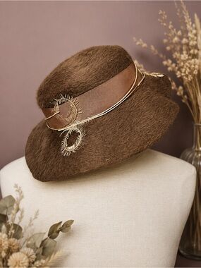 Vintage Merri-Soie Rabbit Hair Felt Hat Brown Feather Trim Size 22